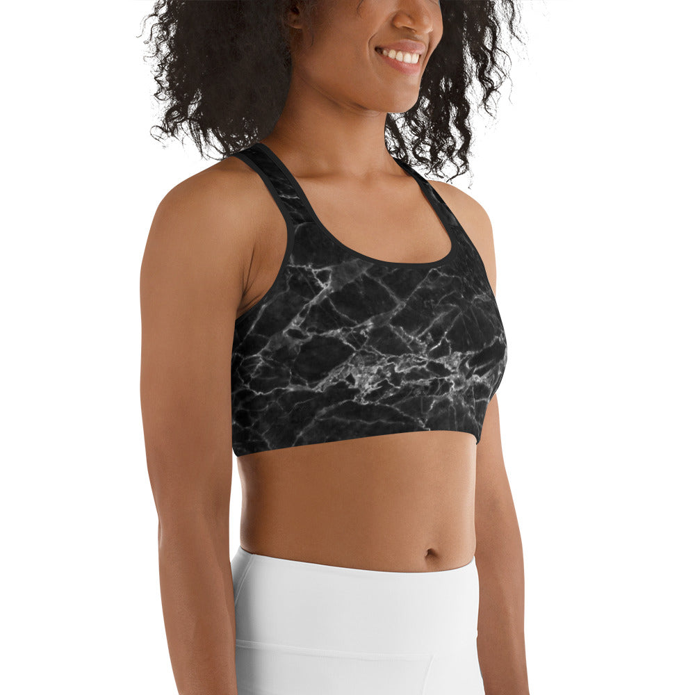 Women Marble Print Sports Bra Long-Sleeve Top, Black